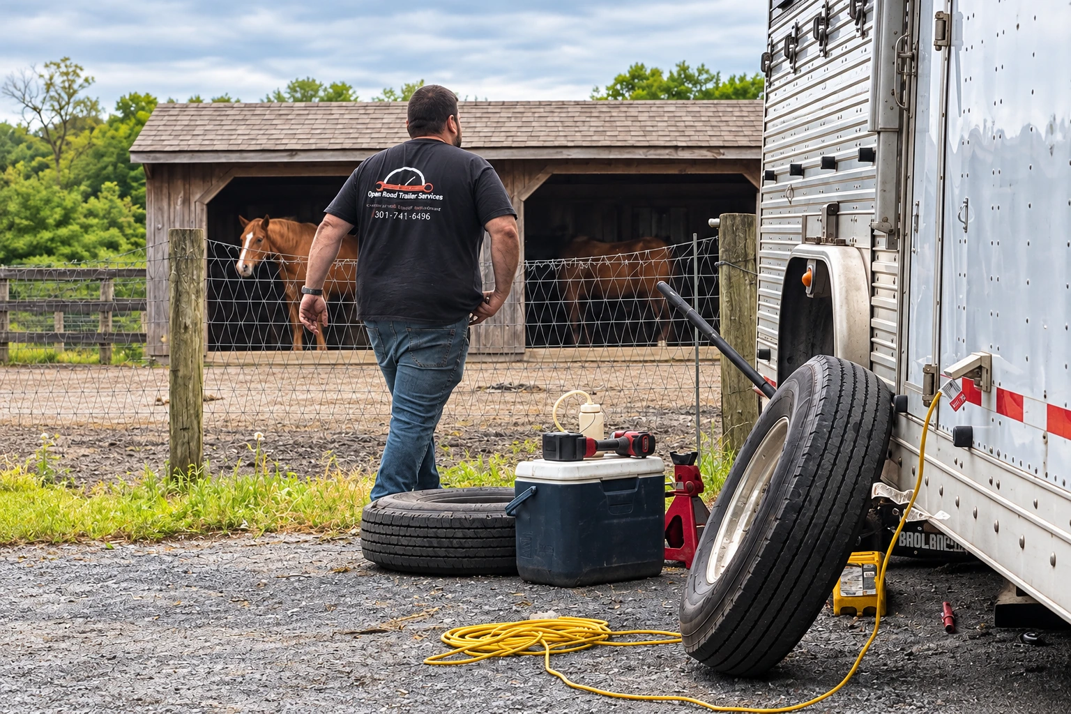 On-site horse trailer repair at a stable, with a horse nearby